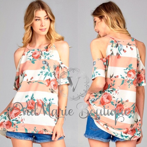 ValMarie Tops - Coral striped floral cold shoulder top